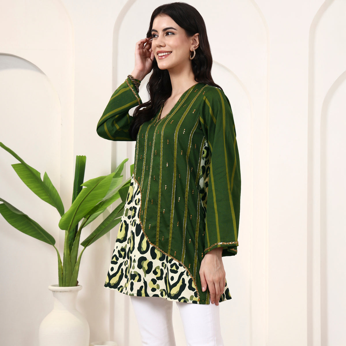 Green Animal Print Top for Women – Cotton Satin – Model View | First Resort by Ramola Bachchan