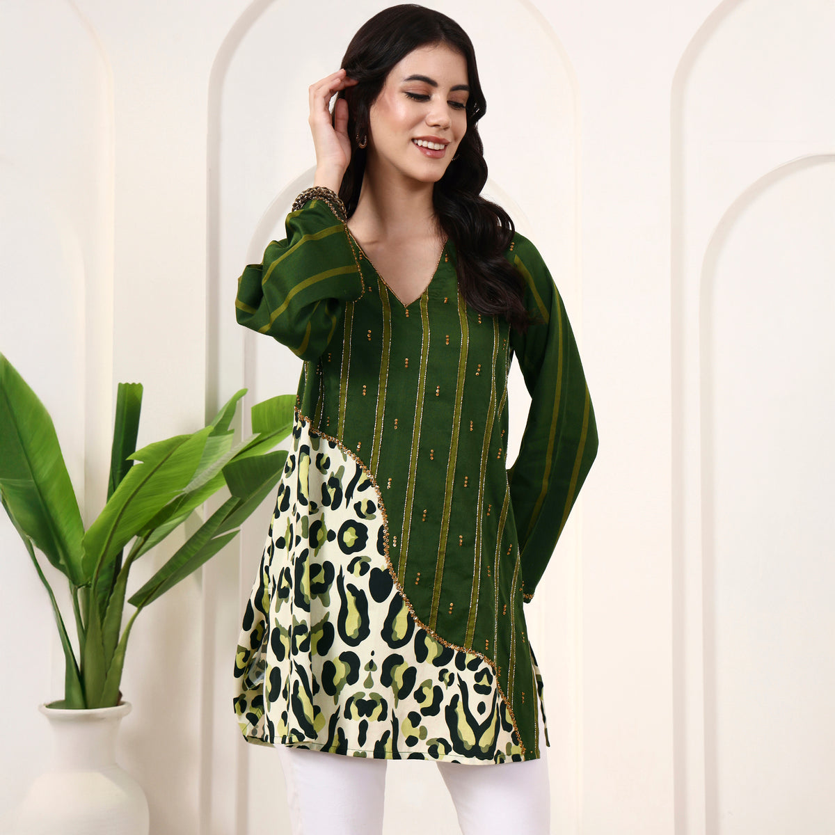 Green Animal Print Top for Women – Cotton Satin – Side View | First Resort by Ramola Bachchan
