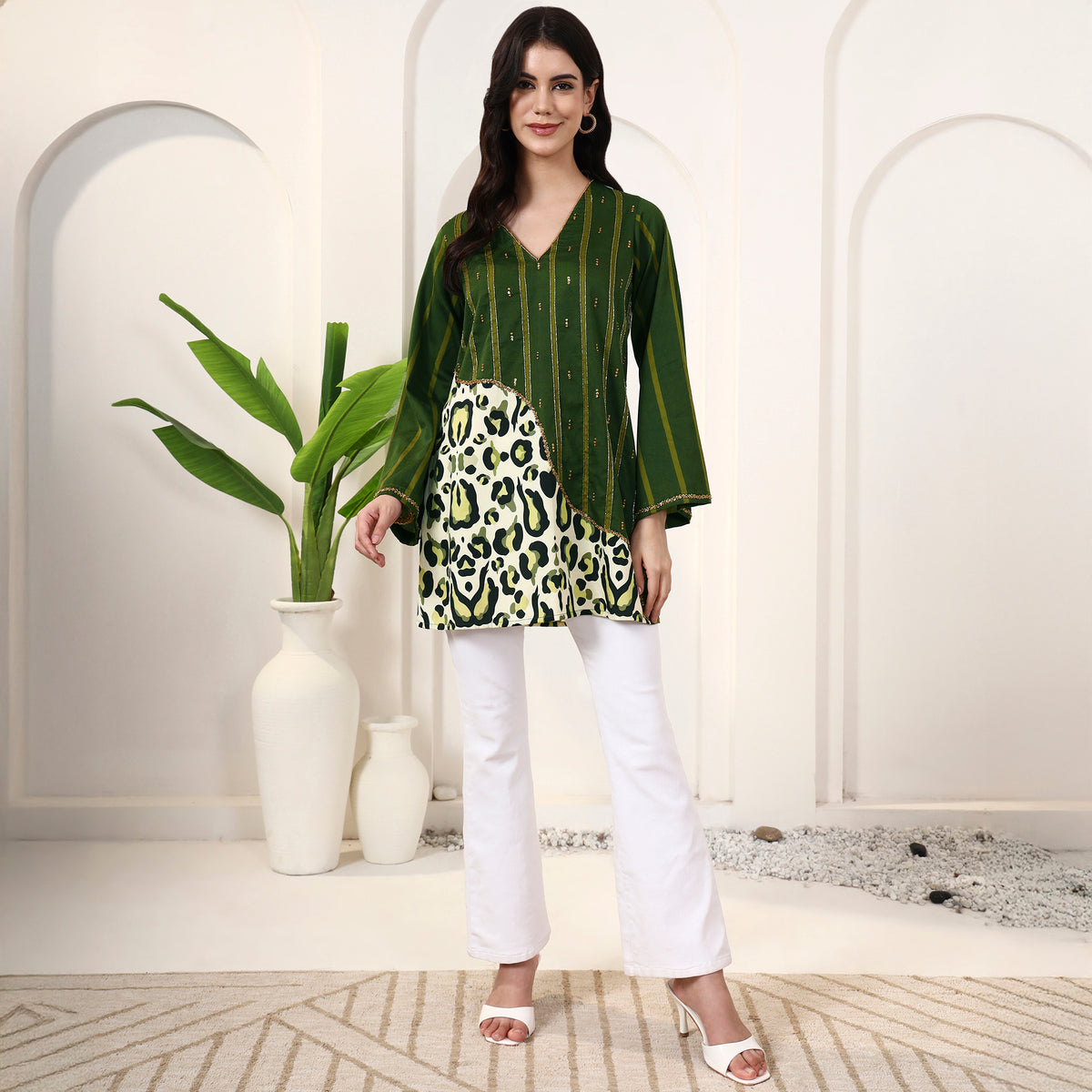 Green Animal Print Top for Women – Cotton Satin – Close Up | First Resort by Ramola Bachchan