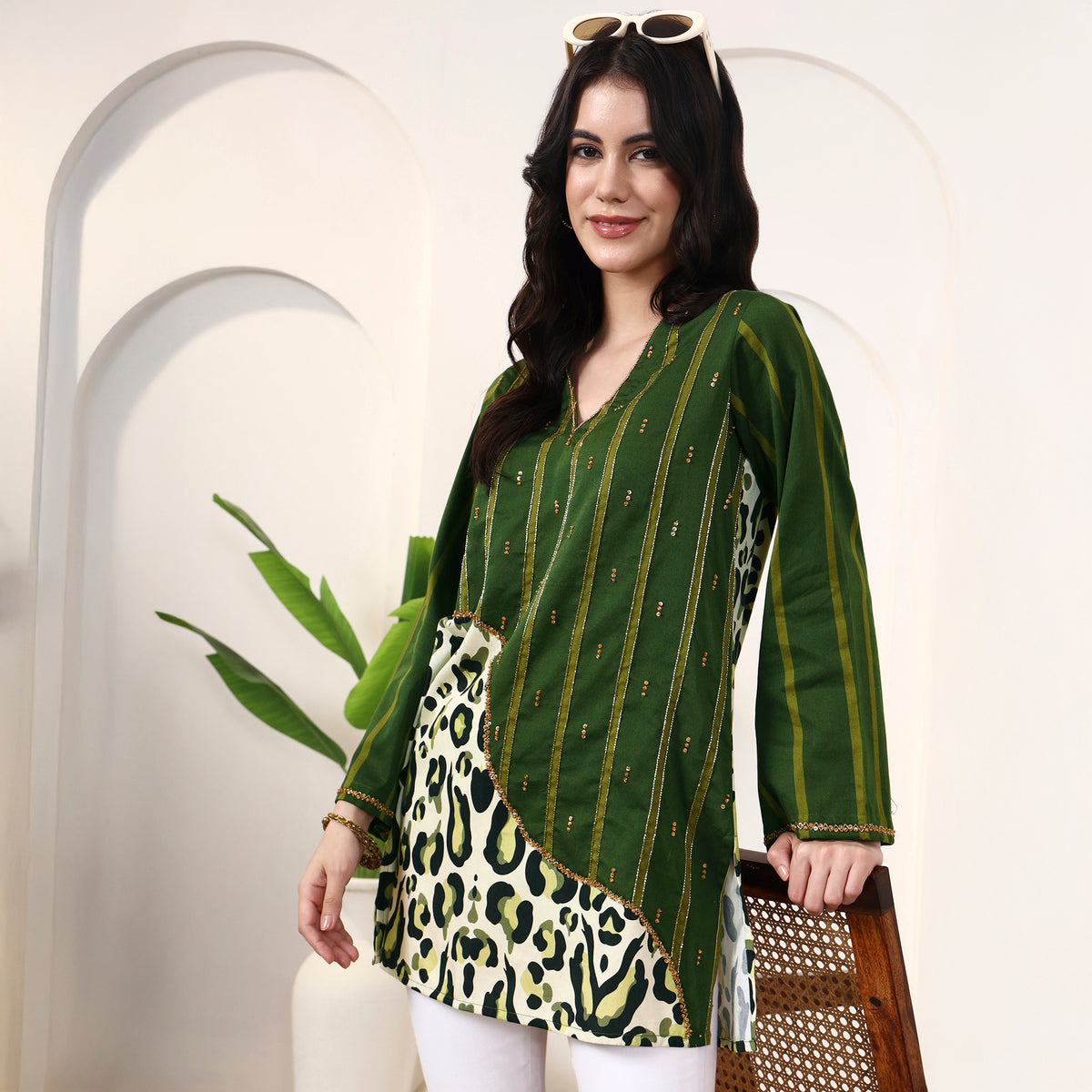 Green Animal Print Top for Women – Cotton Satin | First Resort by Ramola Bachchan
