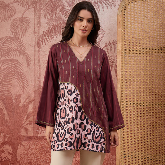 Maroon Leopard Print Stripe Hand Embroidered Top