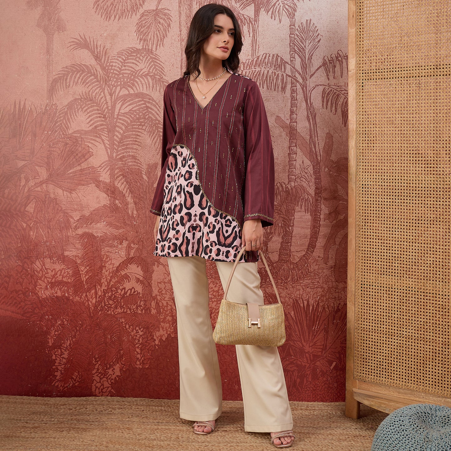 Maroon Leopard Print Stripe Hand Embroidered Top