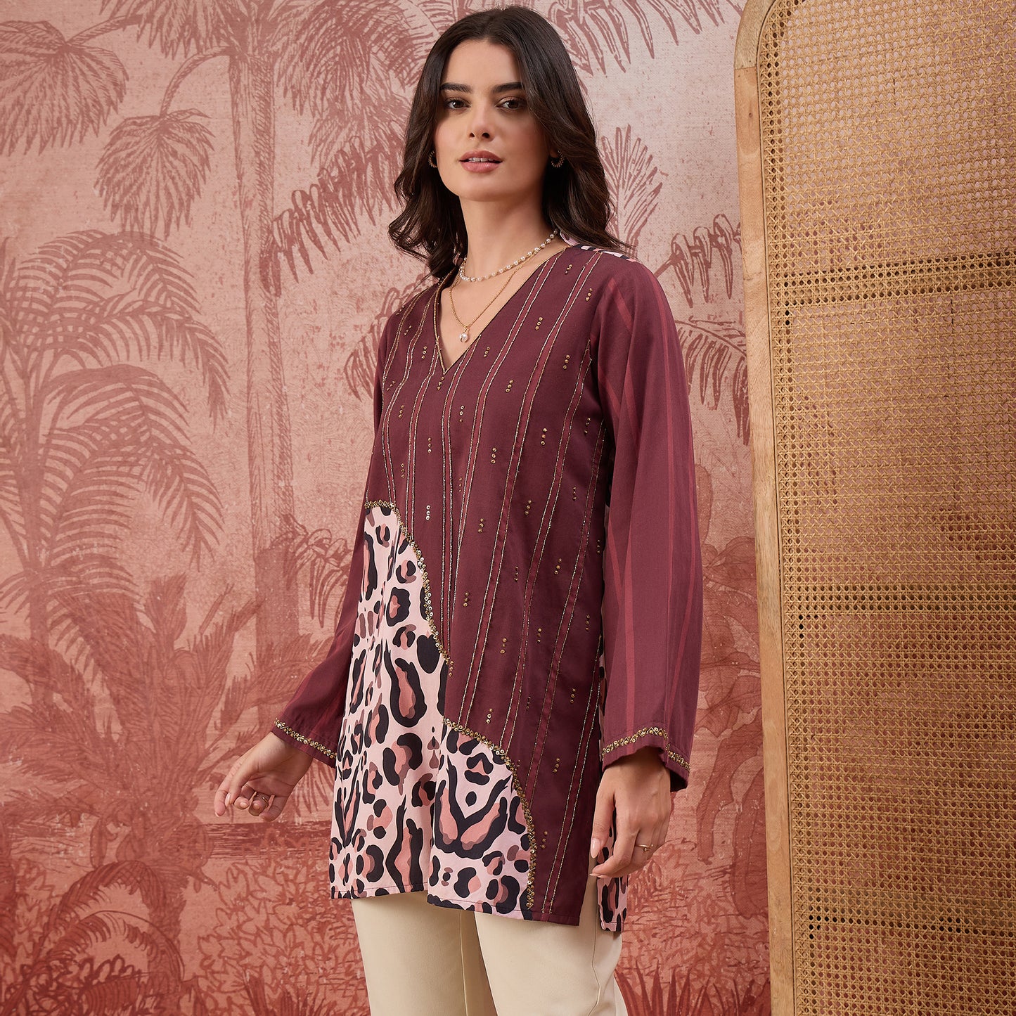Maroon Leopard Print Stripe Hand Embroidered Top