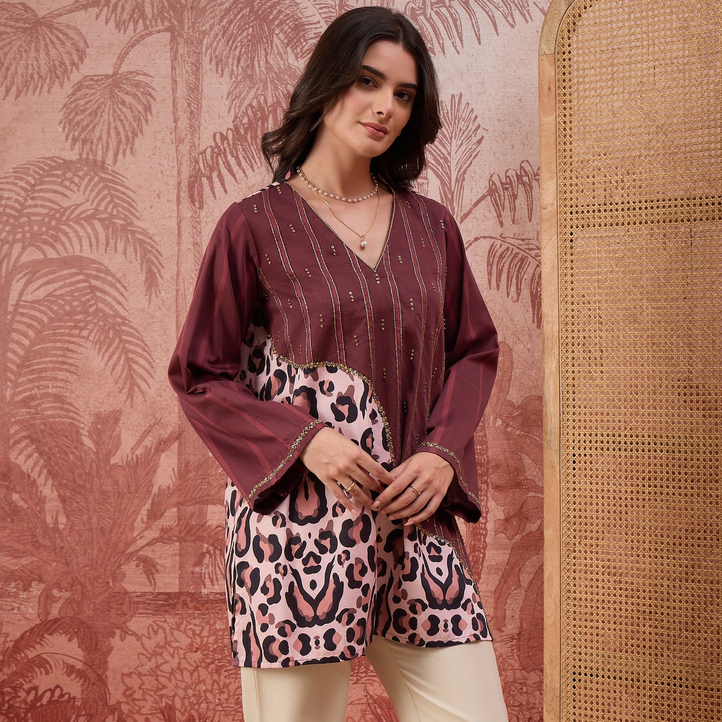 Maroon Leopard Print Stripe Hand Embroidered Top