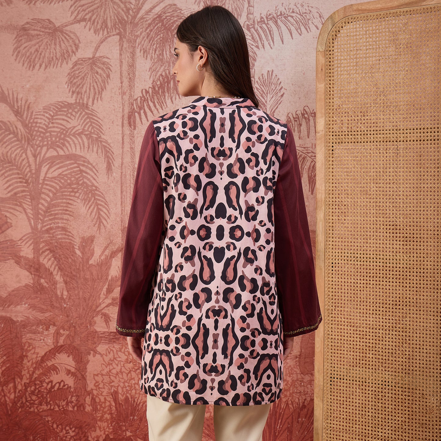 Maroon Leopard Print Stripe Hand Embroidered Top