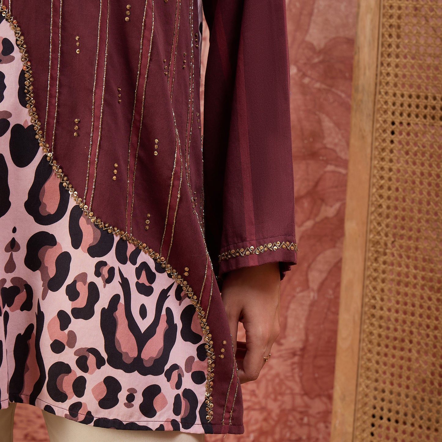 Maroon Leopard Print Stripe Hand Embroidered Top