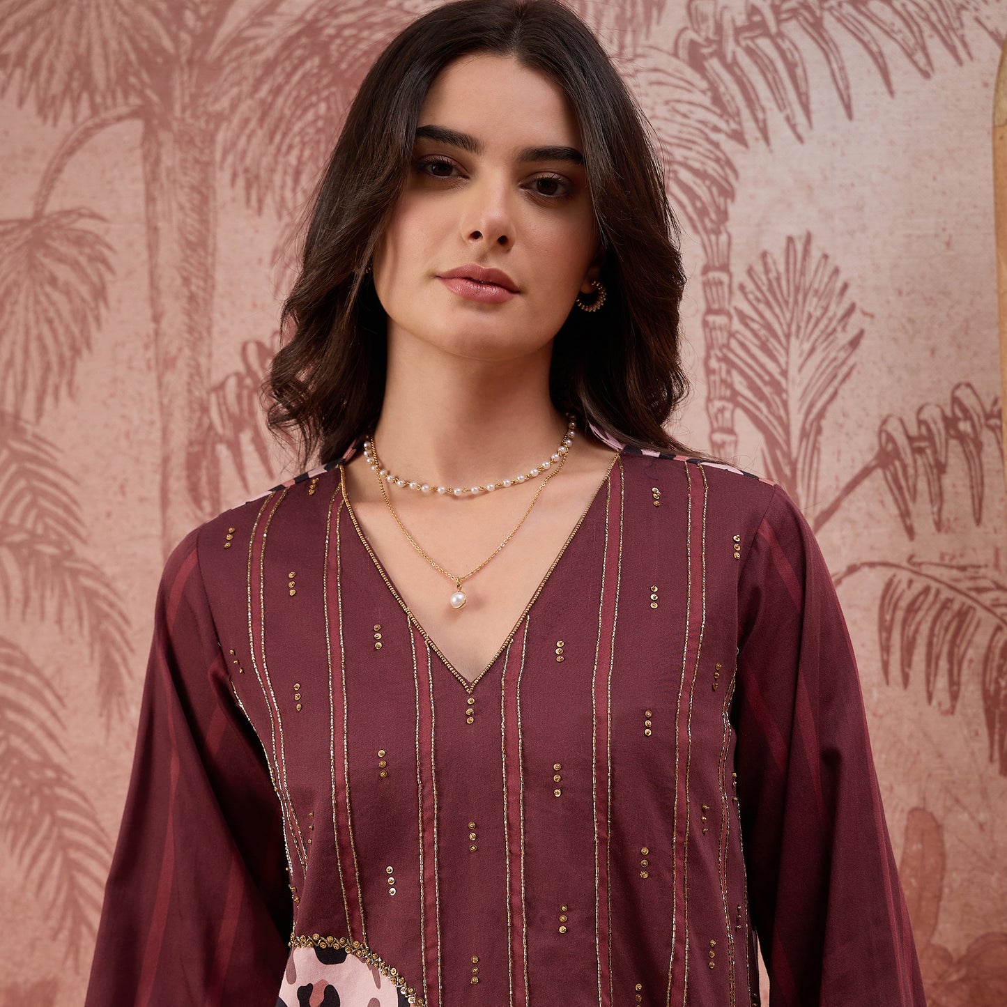 Maroon Leopard Print Stripe Hand Embroidered Top