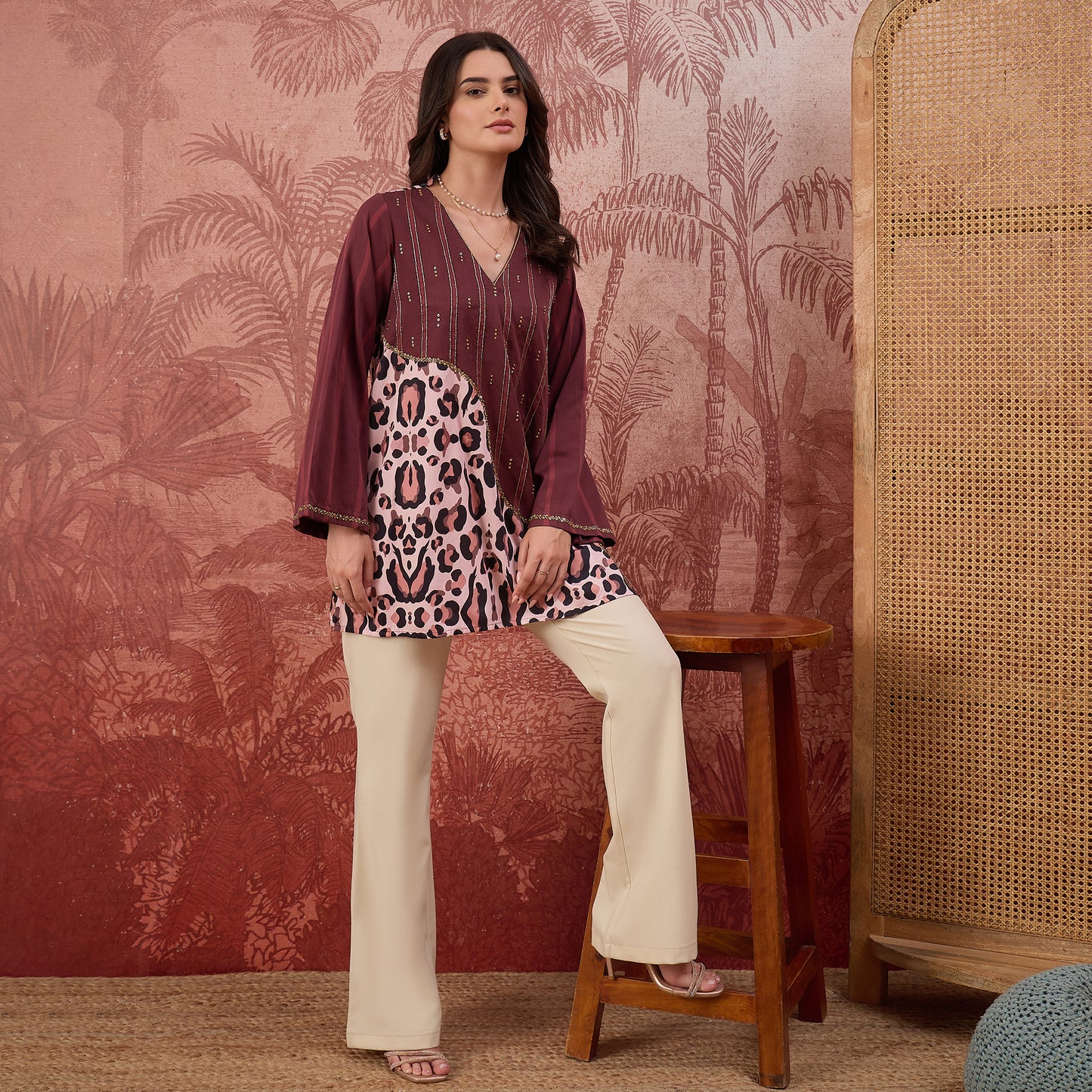 Maroon Leopard Print Stripe Hand Embroidered Top