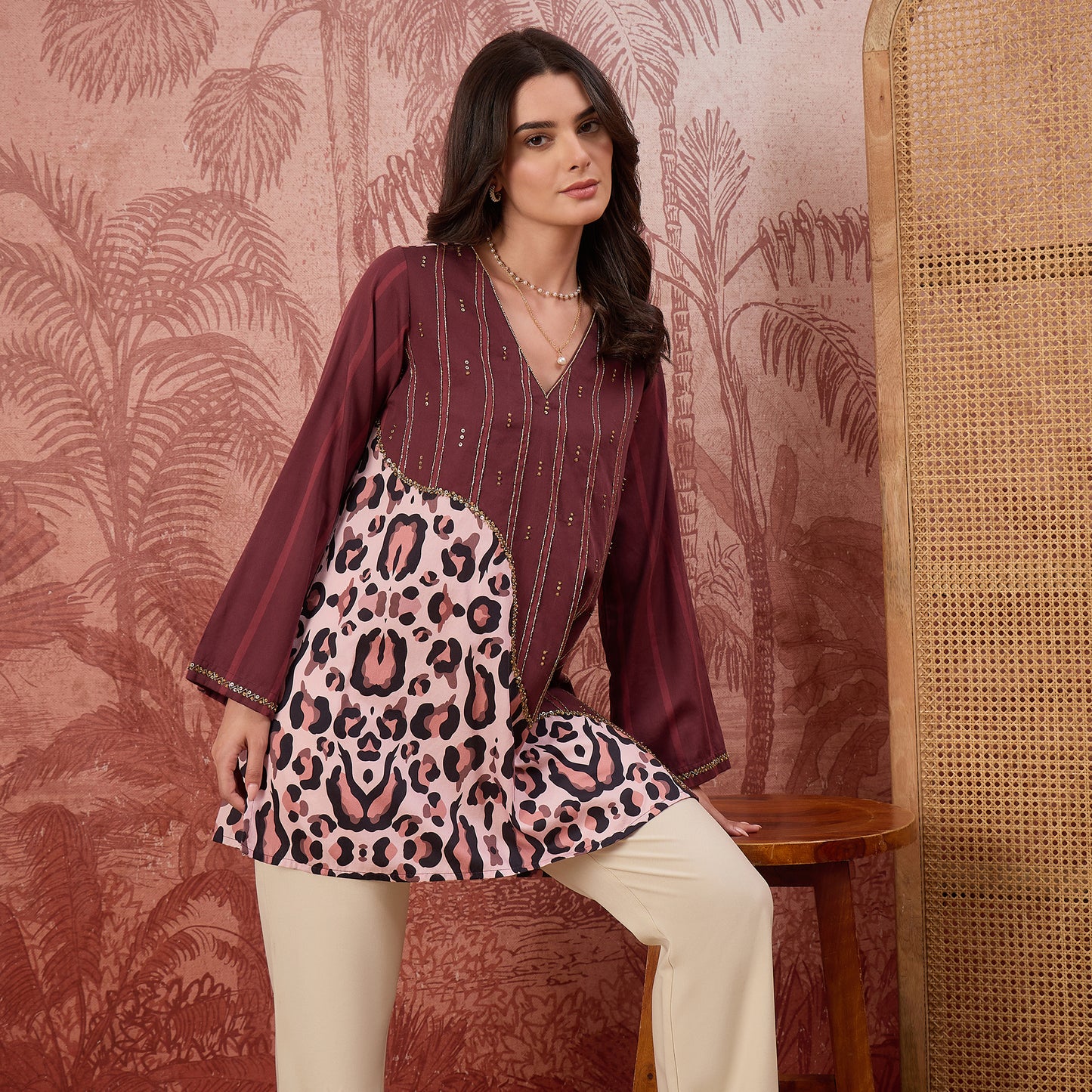 Maroon Leopard Print Stripe Hand Embroidered Top