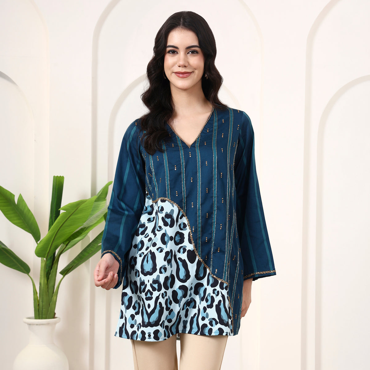 Teal Animal Print Top for Women – Cotton Satin | First Resort by Ramola Bachchan