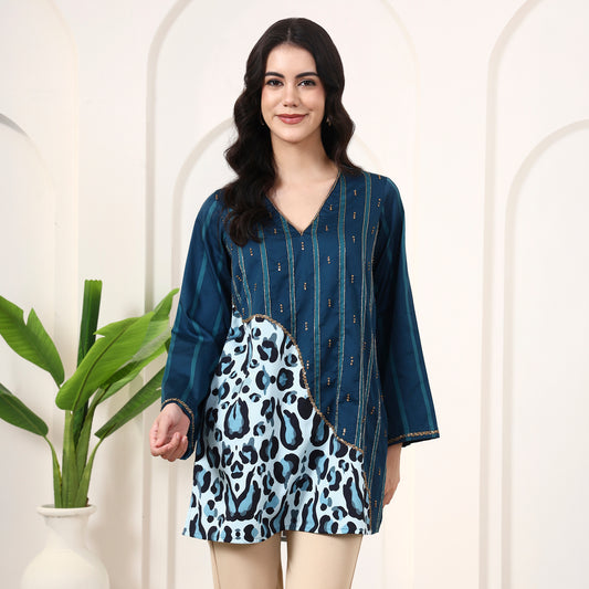 Teal Animal Print Top for Women – Cotton Satin | First Resort by Ramola Bachchan