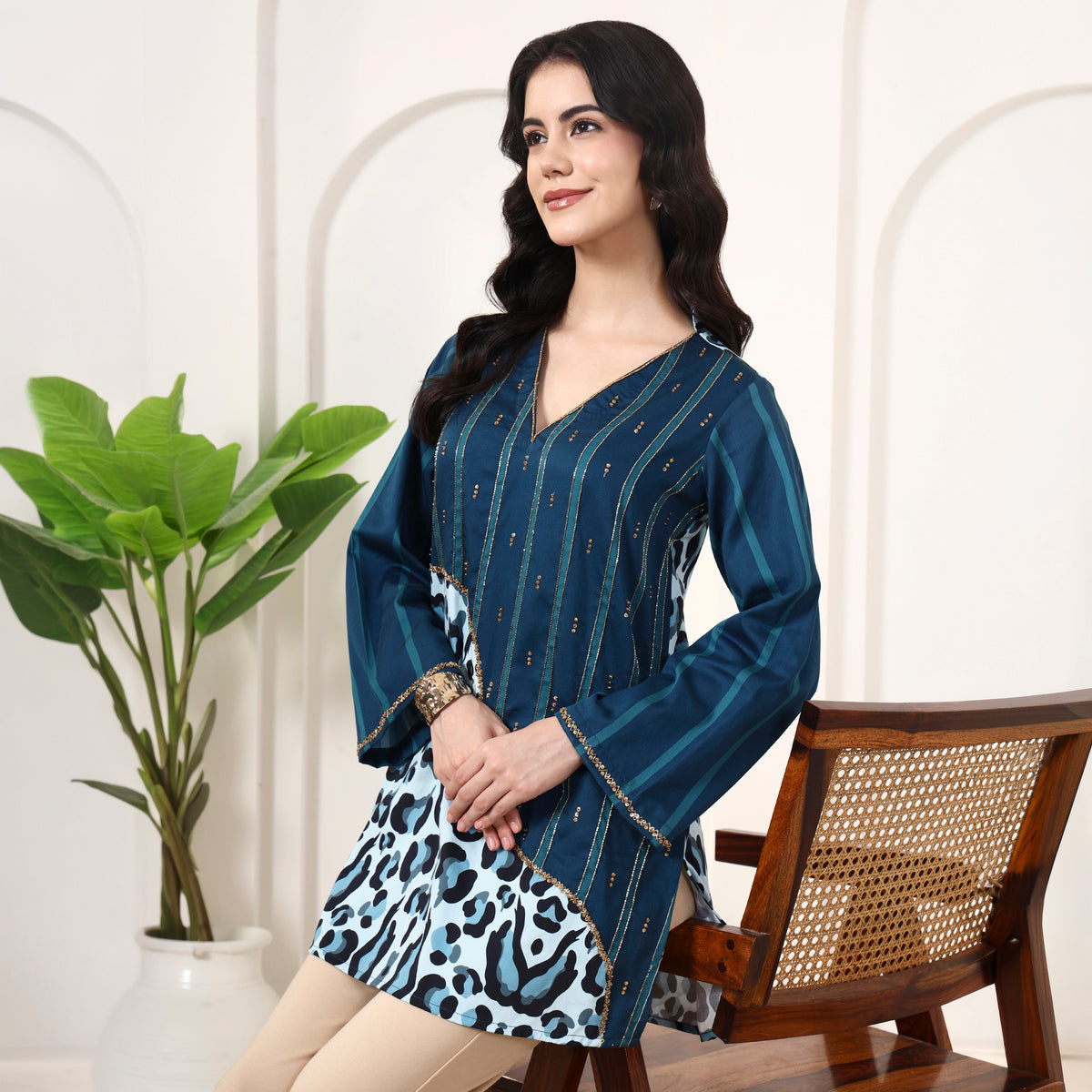 Teal Animal Print Top for Women – Cotton Satin – Front View | First Resort by Ramola Bachchan