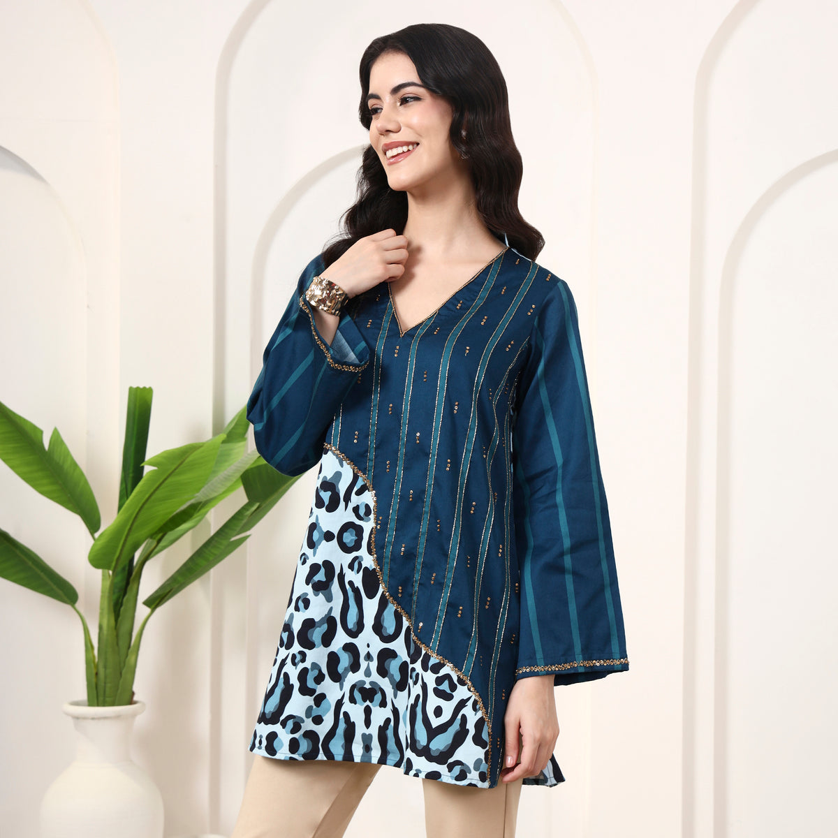 Teal Animal Print Top for Women – Cotton Satin – Model View | First Resort by Ramola Bachchan