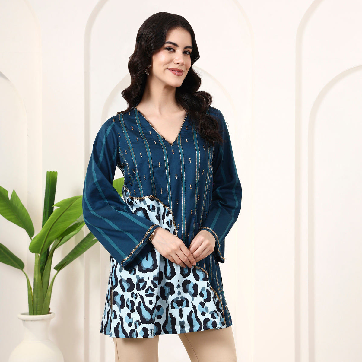 Teal Animal Print Top for Women – Cotton Satin – Side View | First Resort by Ramola Bachchan