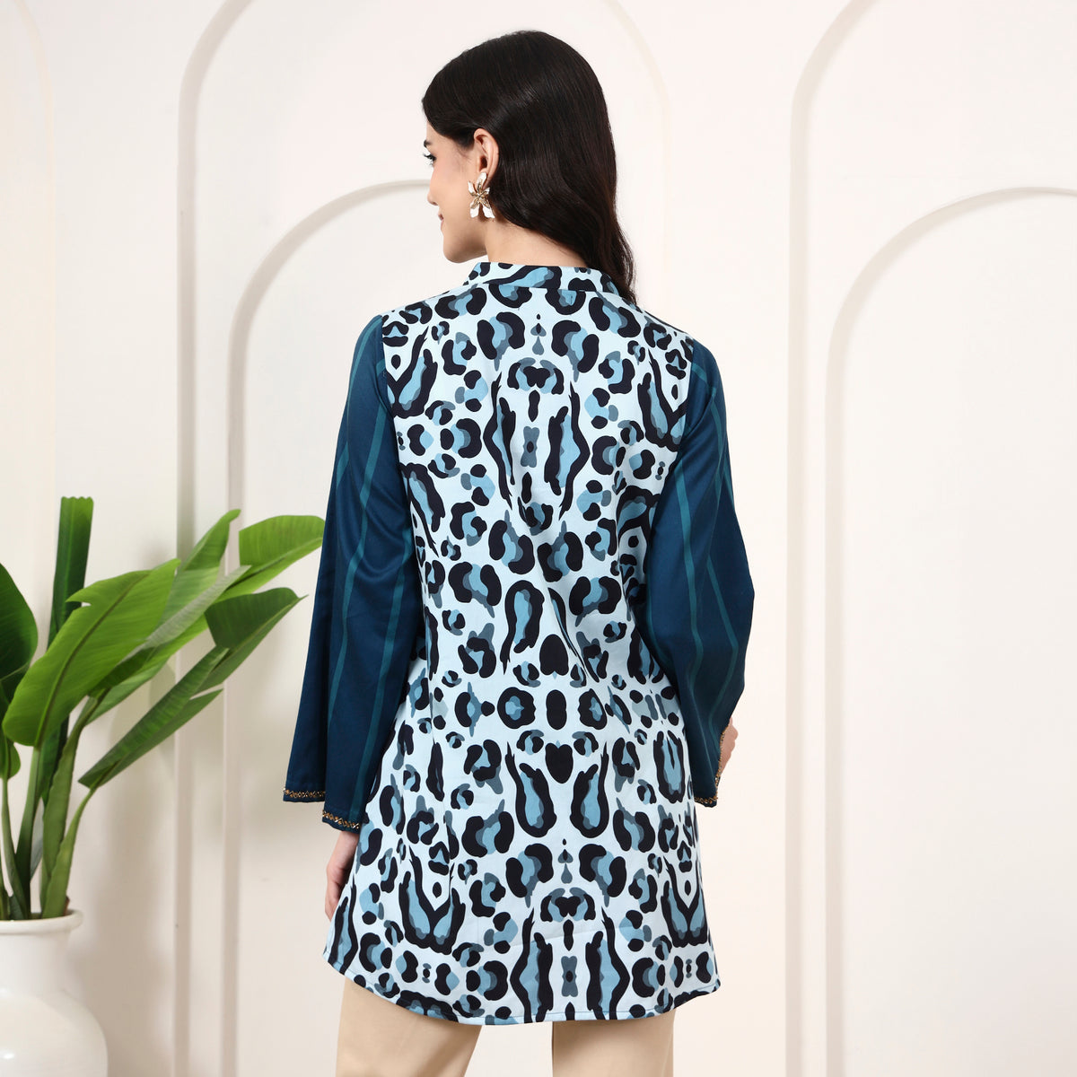 Teal Animal Print Top for Women – Cotton Satin – Detail View | First Resort by Ramola Bachchan