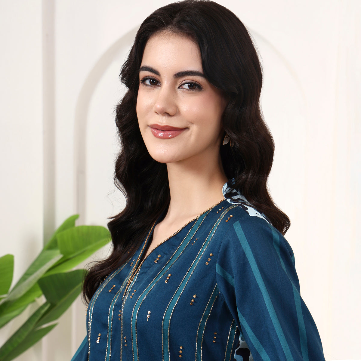 Teal Animal Print Top for Women – Cotton Satin – Back View | First Resort by Ramola Bachchan