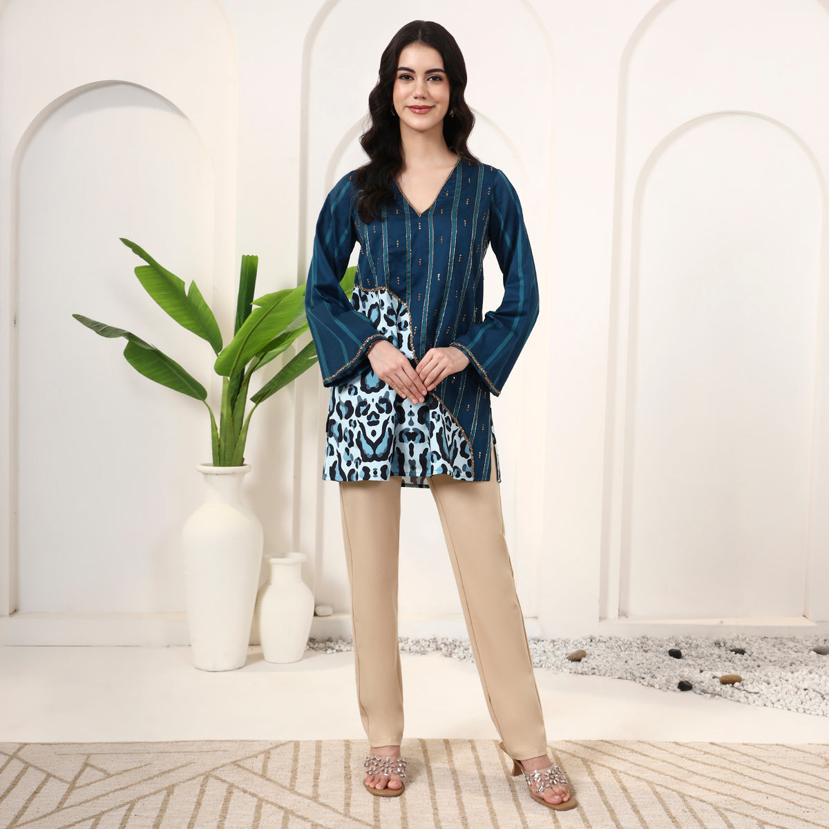 Teal Animal Print Top for Women – Cotton Satin – Close Up | First Resort by Ramola Bachchan