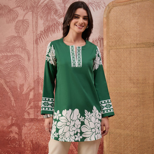 Green Warli-Inspired Floral Printed Top
