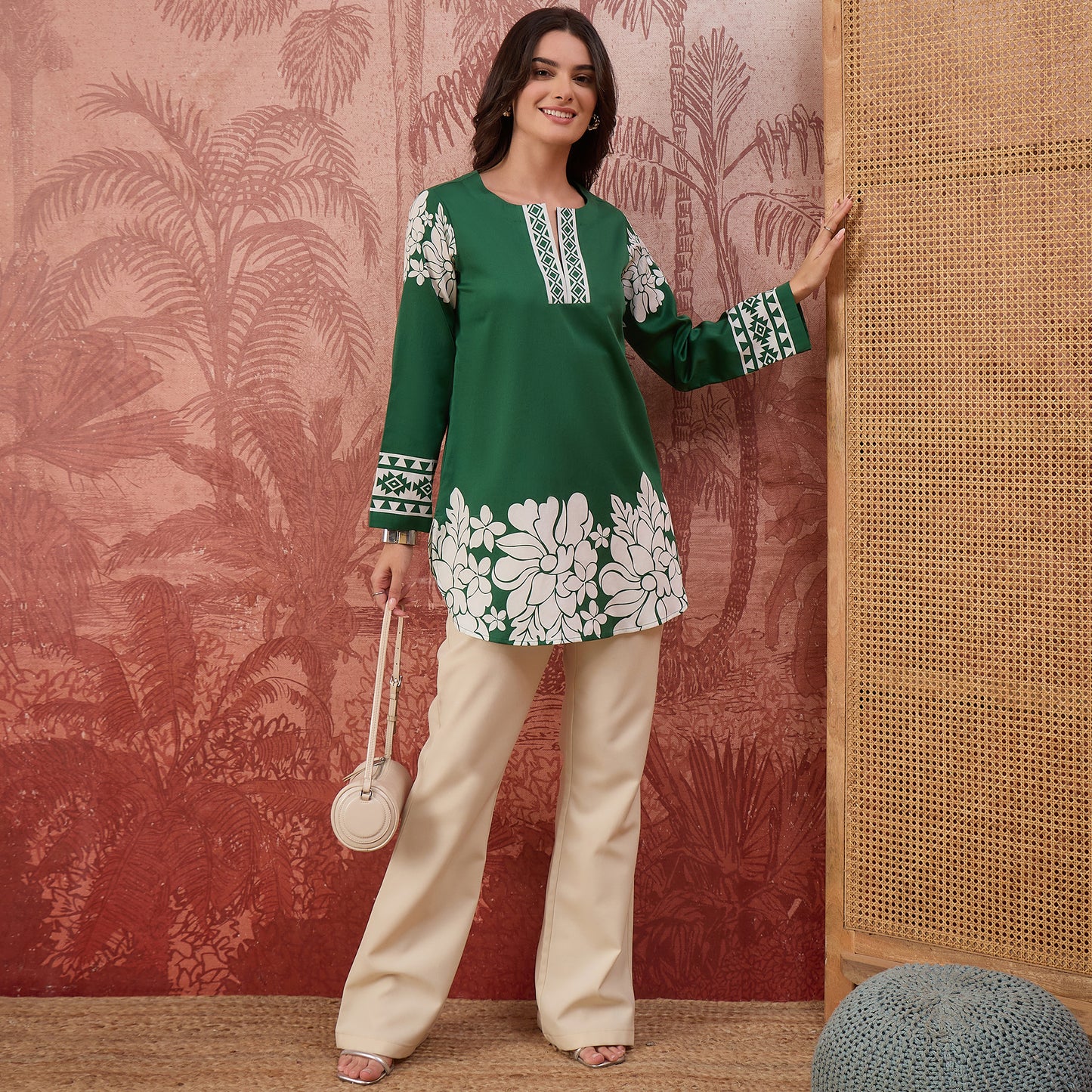 Green Warli-Inspired Floral Printed Top