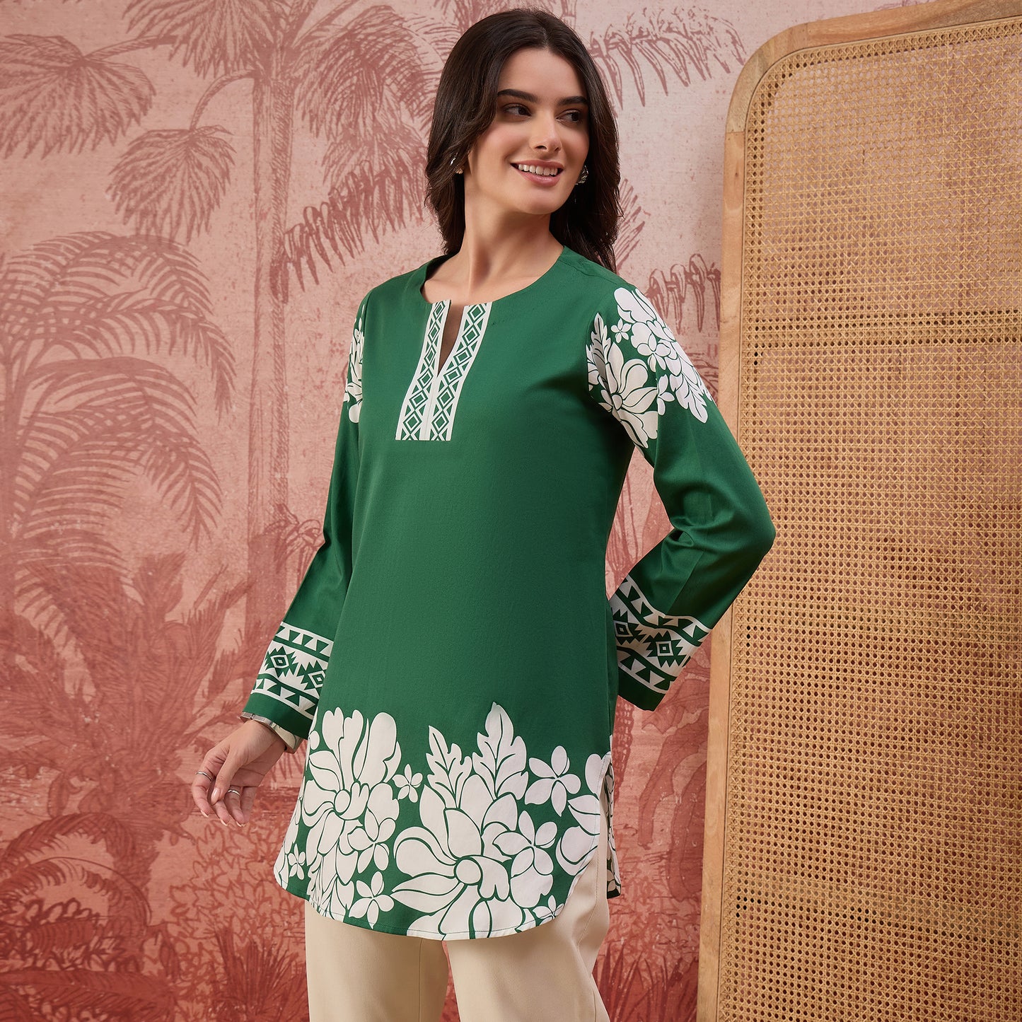 Green Warli-Inspired Floral Printed Top