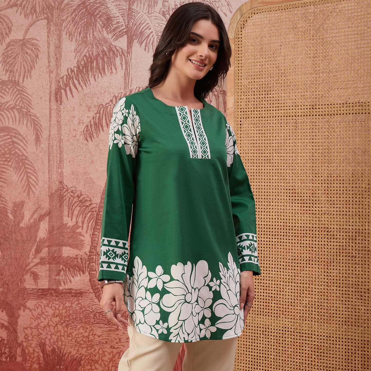 Green Warli-Inspired Floral Printed Top