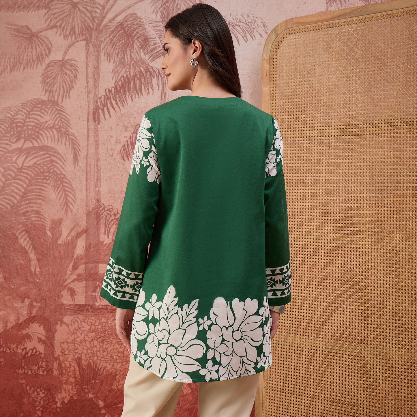 Green Warli-Inspired Floral Printed Top