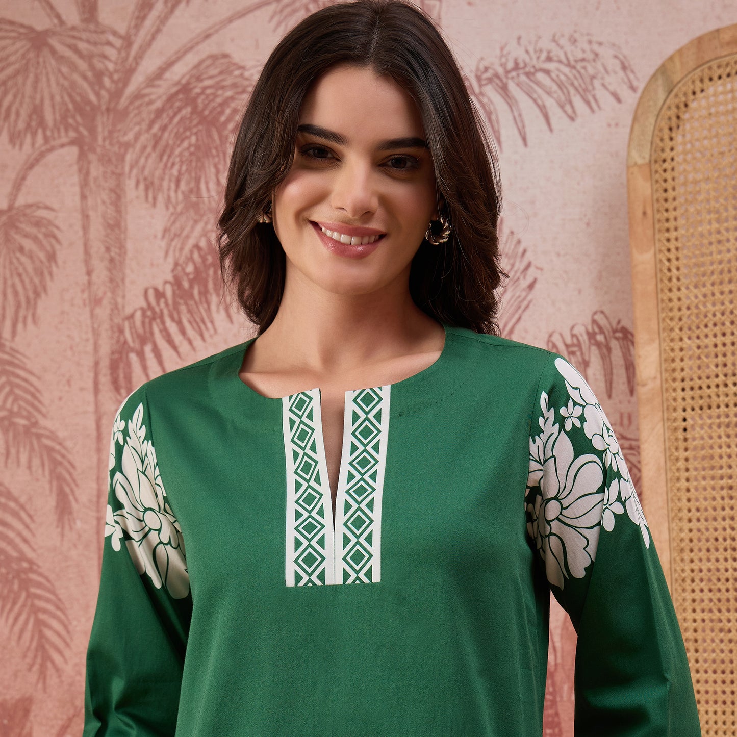 Green Warli-Inspired Floral Printed Top