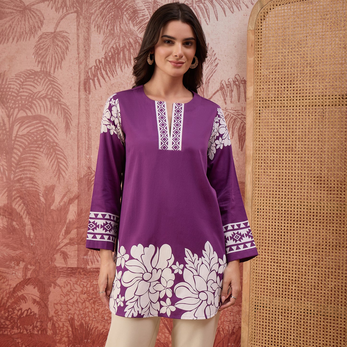 Purple Warli-Inspired Floral Printed Top