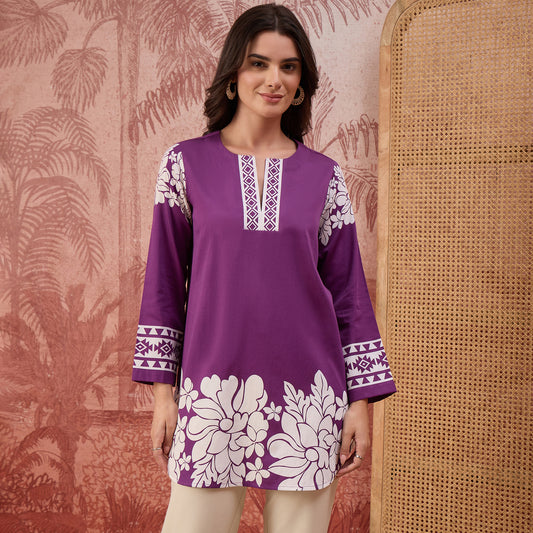 Purple Warli-Inspired Floral Printed Top