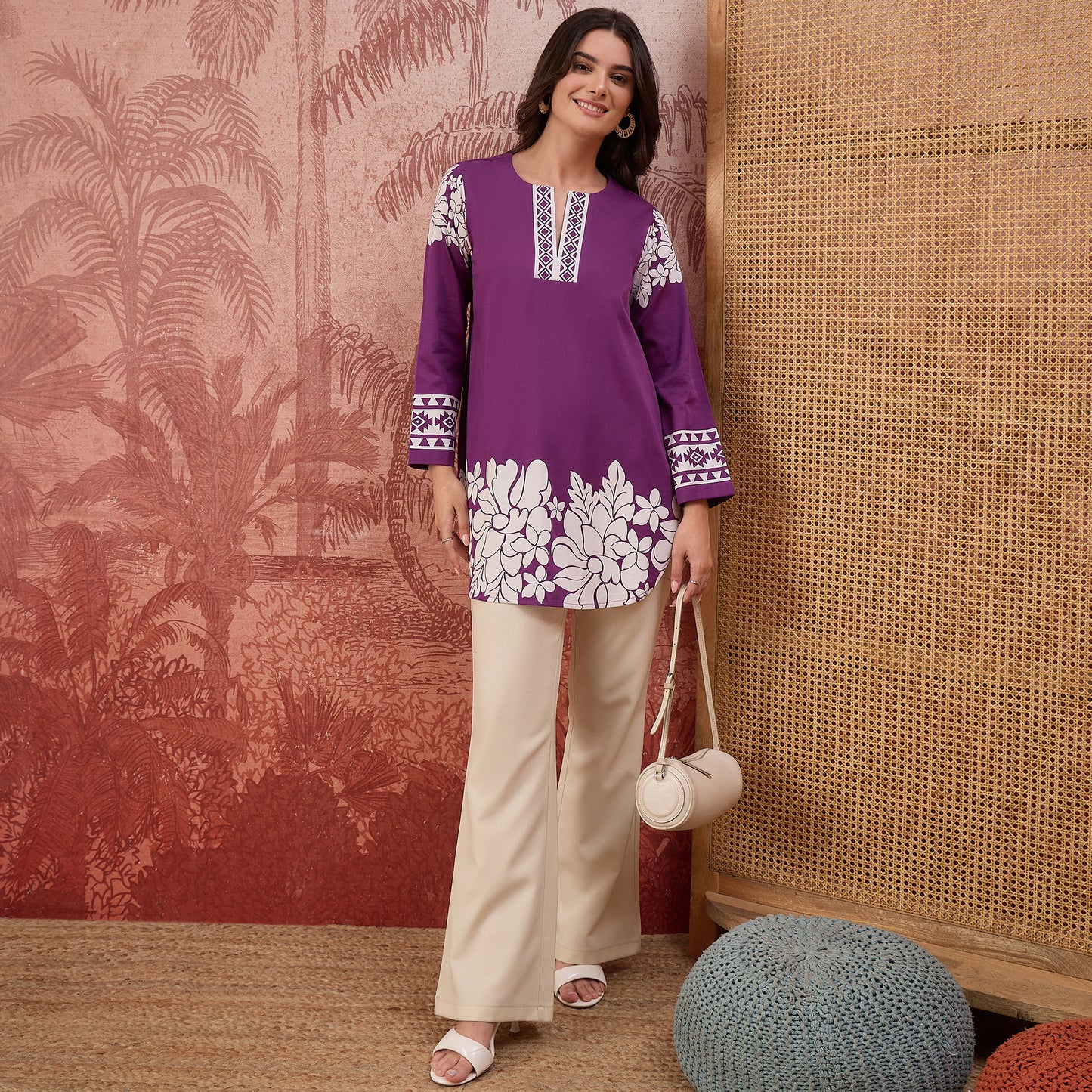 Purple Warli-Inspired Floral Printed Top