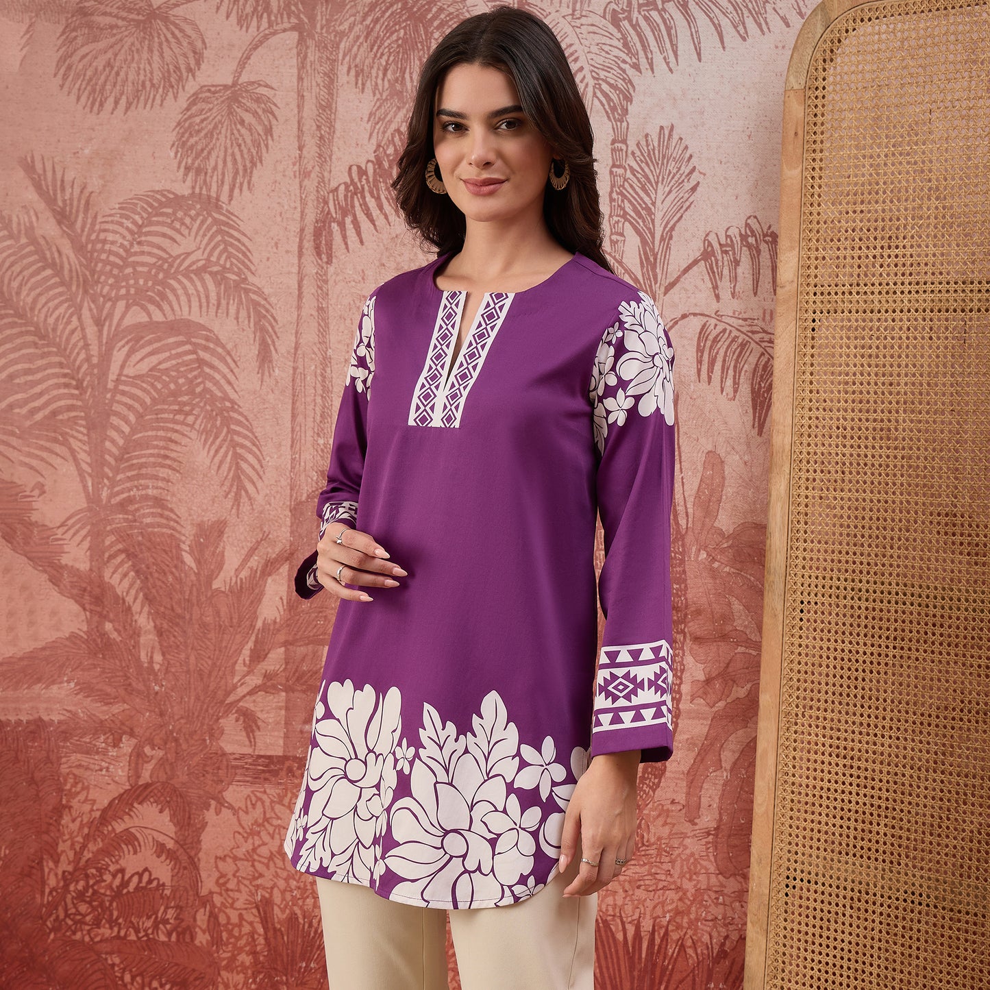 Purple Warli-Inspired Floral Printed Top