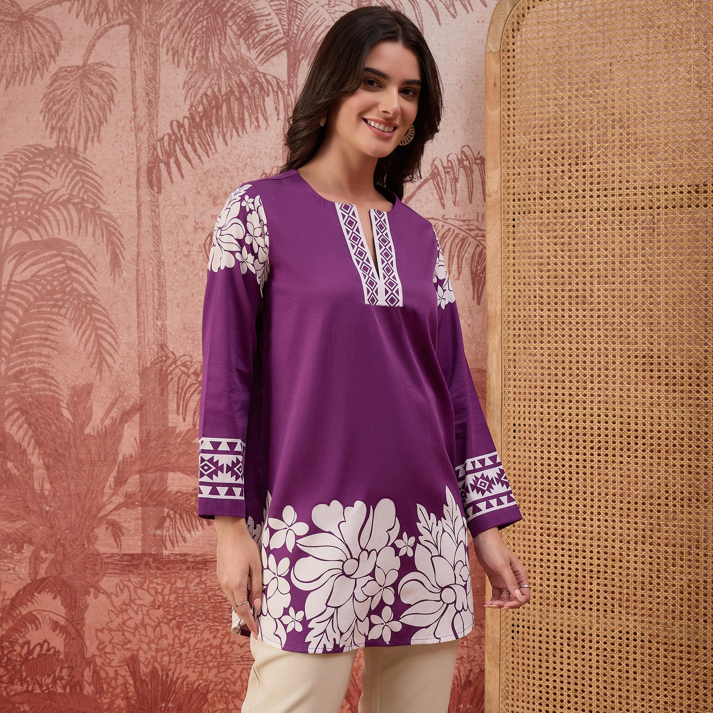 Purple Warli-Inspired Floral Printed Top