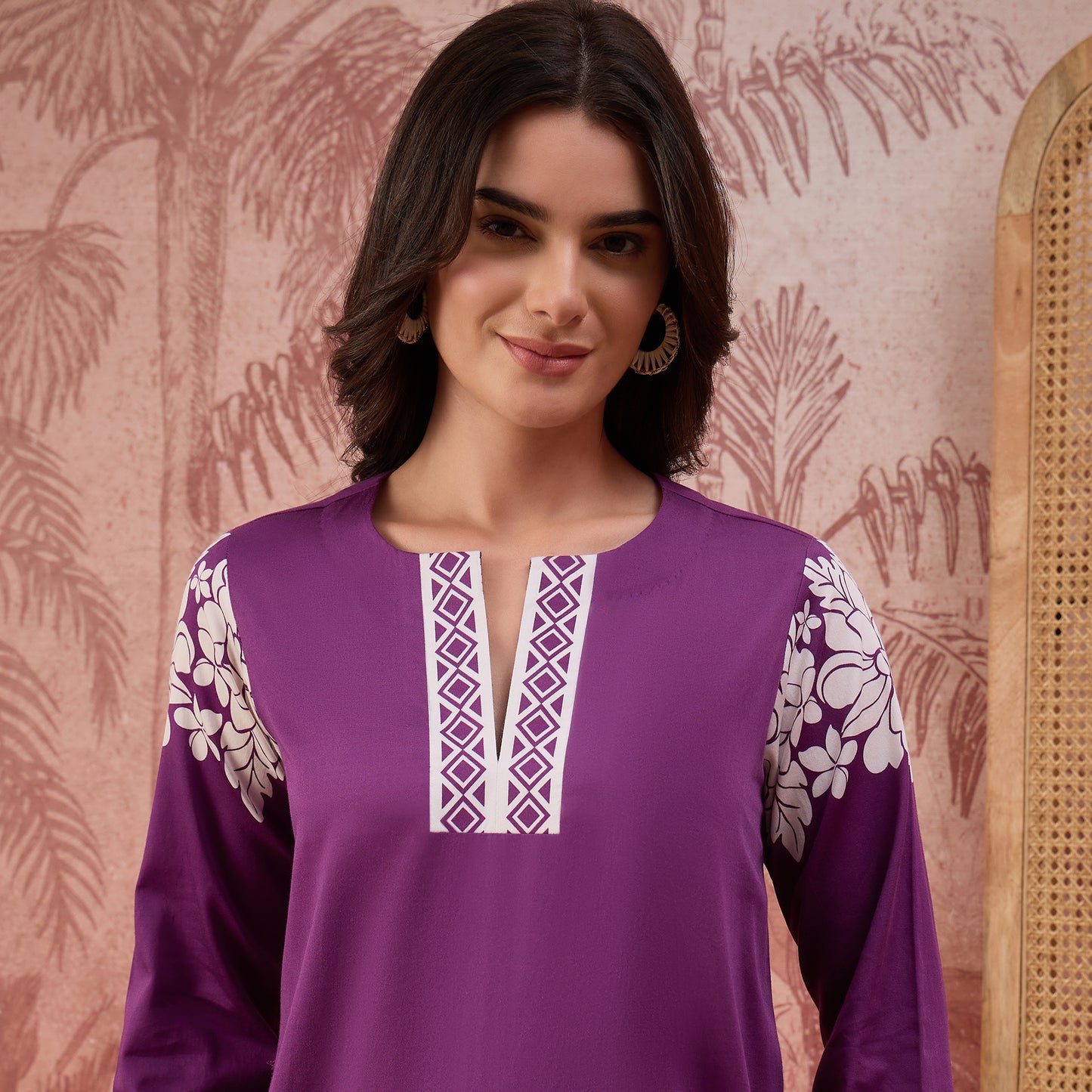 Purple Warli-Inspired Floral Printed Top
