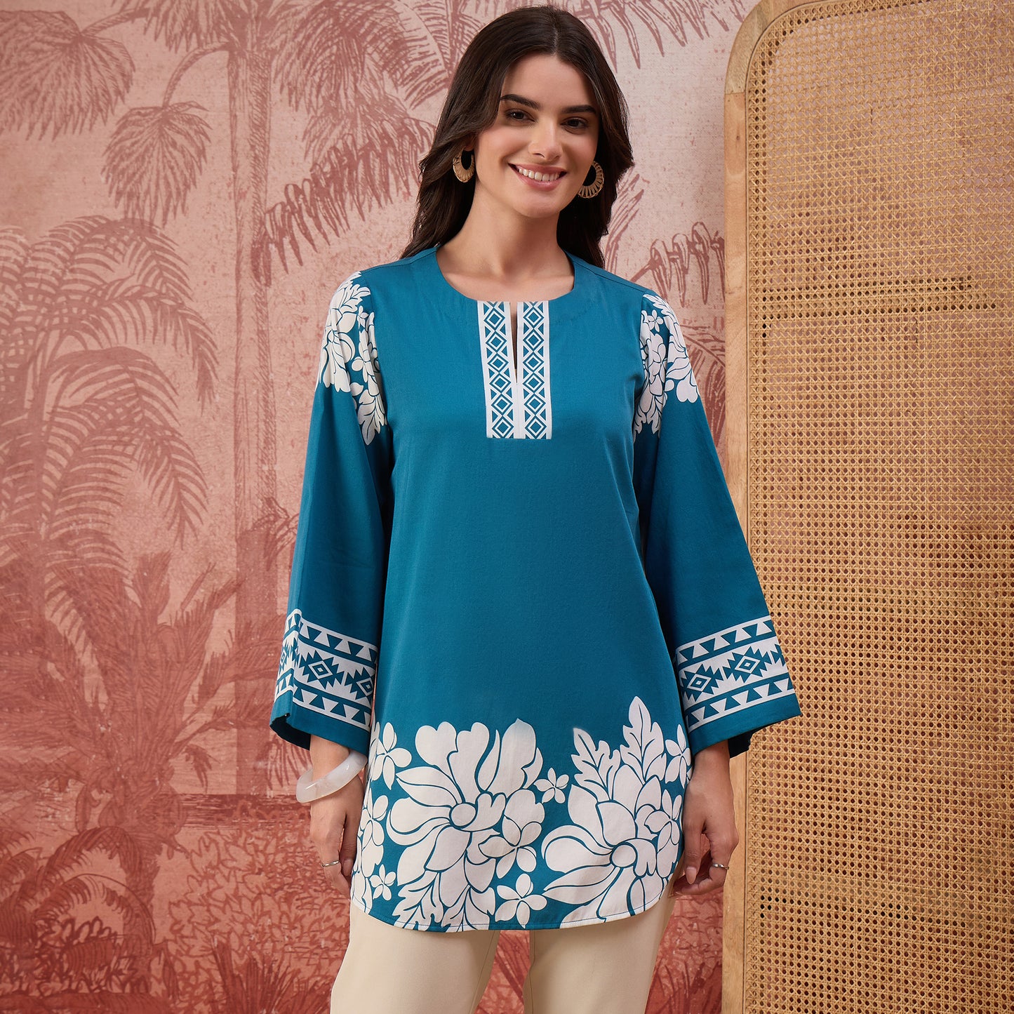 Teal Warli-Inspired Floral Printed Top