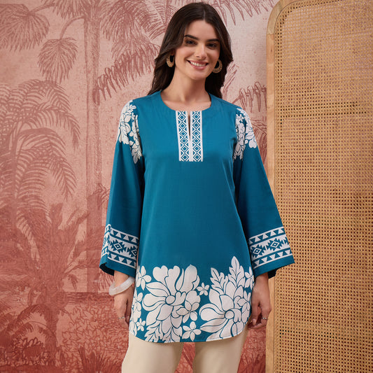 Teal Warli-Inspired Floral Printed Top