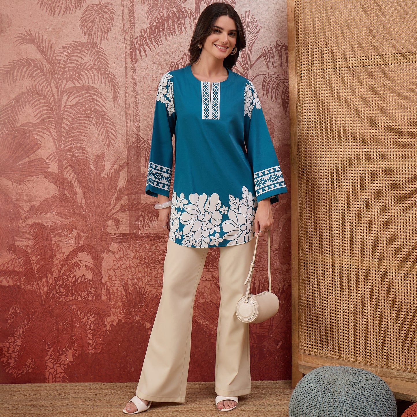 Teal Warli-Inspired Floral Printed Top