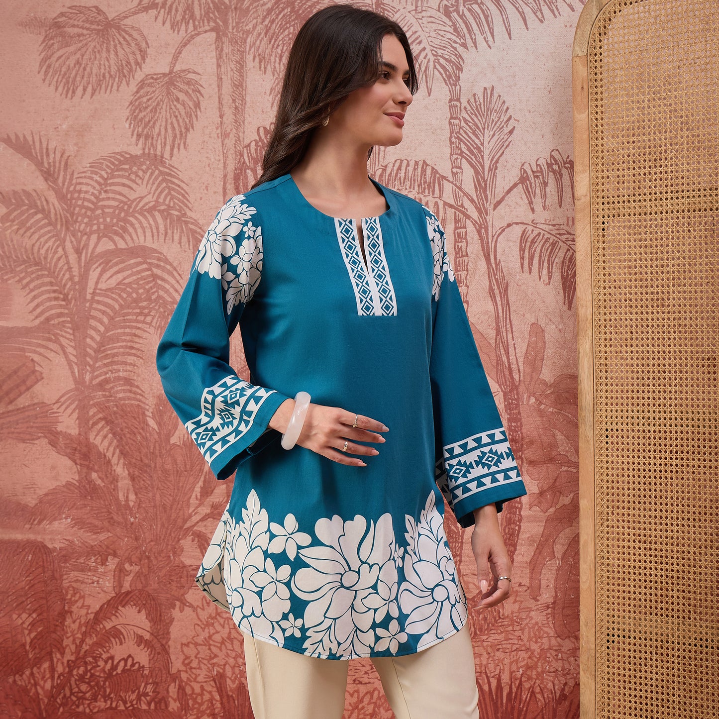 Teal Warli-Inspired Floral Printed Top