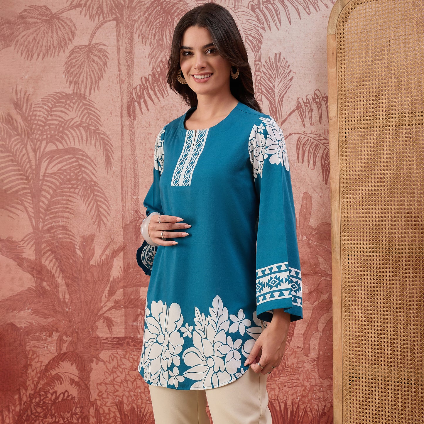 Teal Warli-Inspired Floral Printed Top