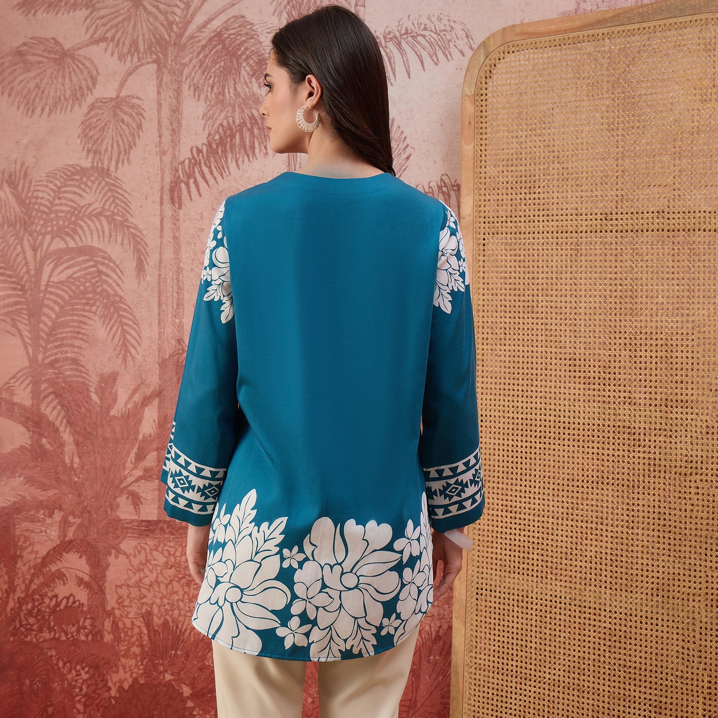 Teal Warli-Inspired Floral Printed Top