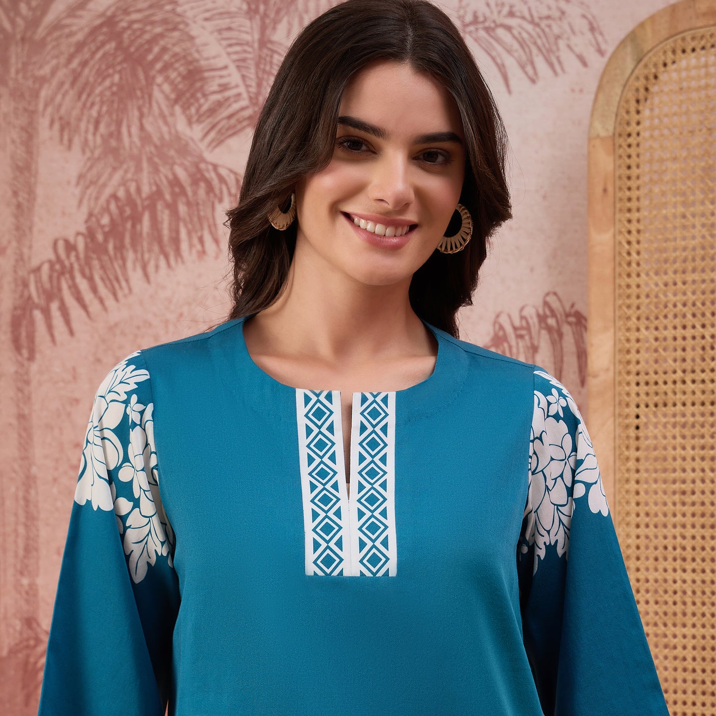 Teal Warli-Inspired Floral Printed Top