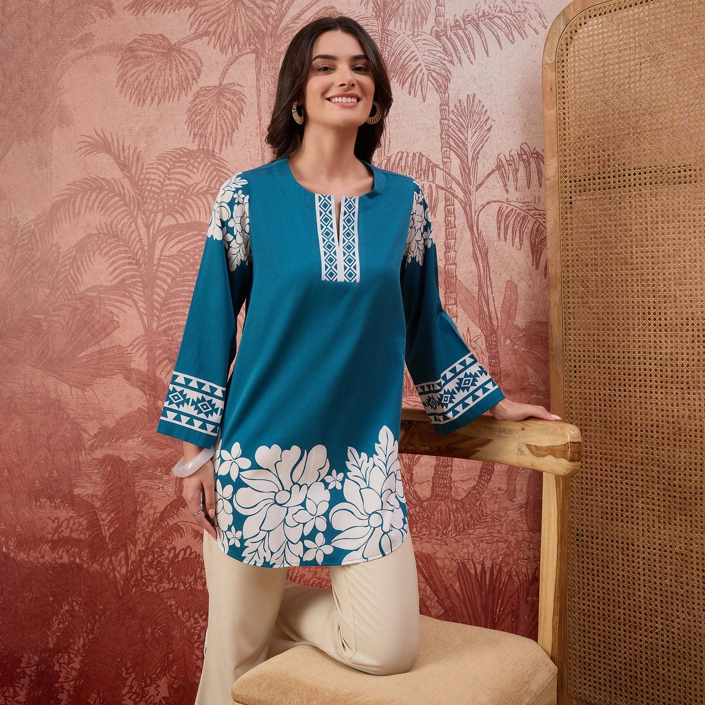 Teal Warli-Inspired Floral Printed Top