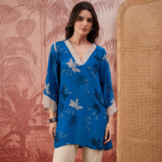 Blue Marine Printed Crystal Embellished Top