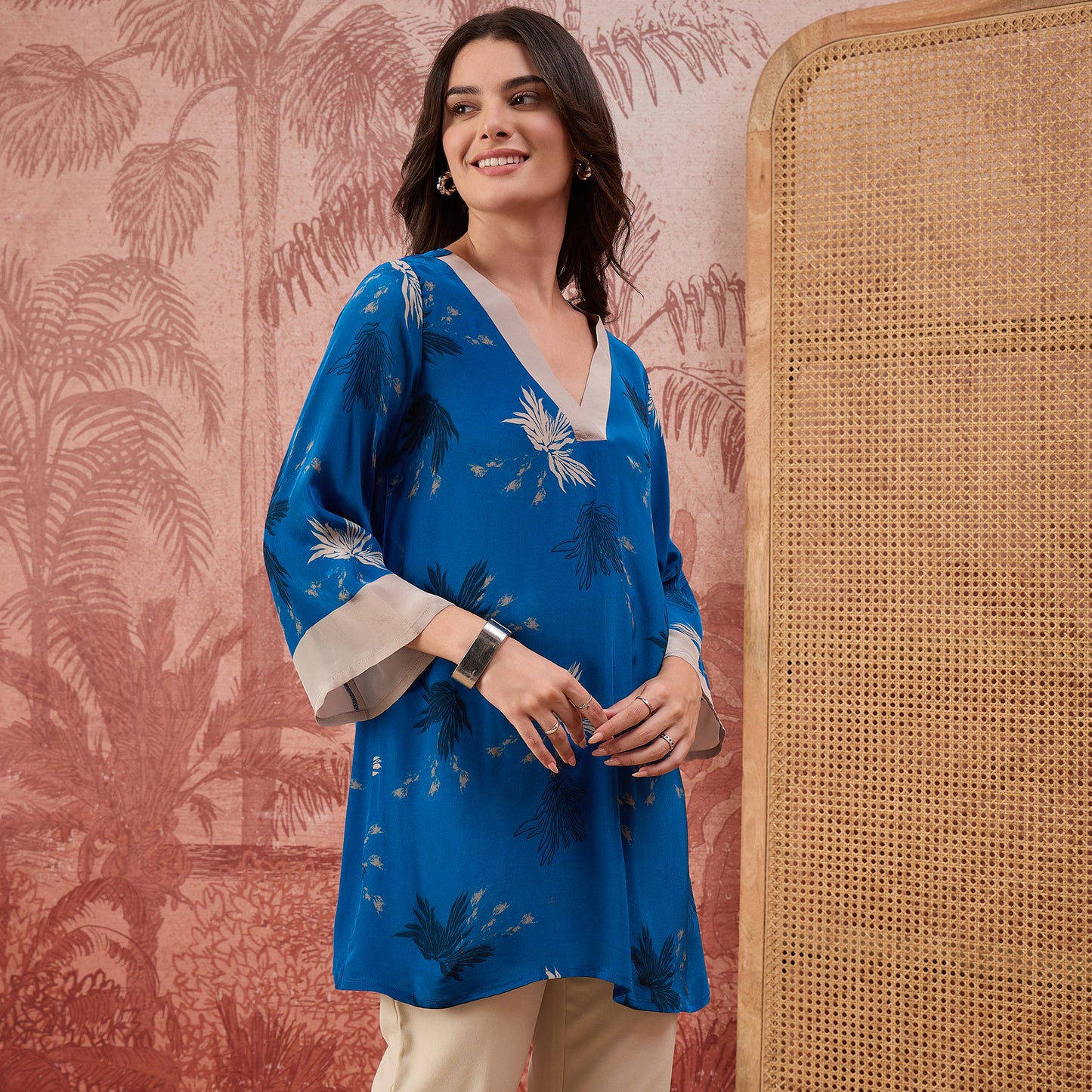 Blue Marine Printed Crystal Embellished Top