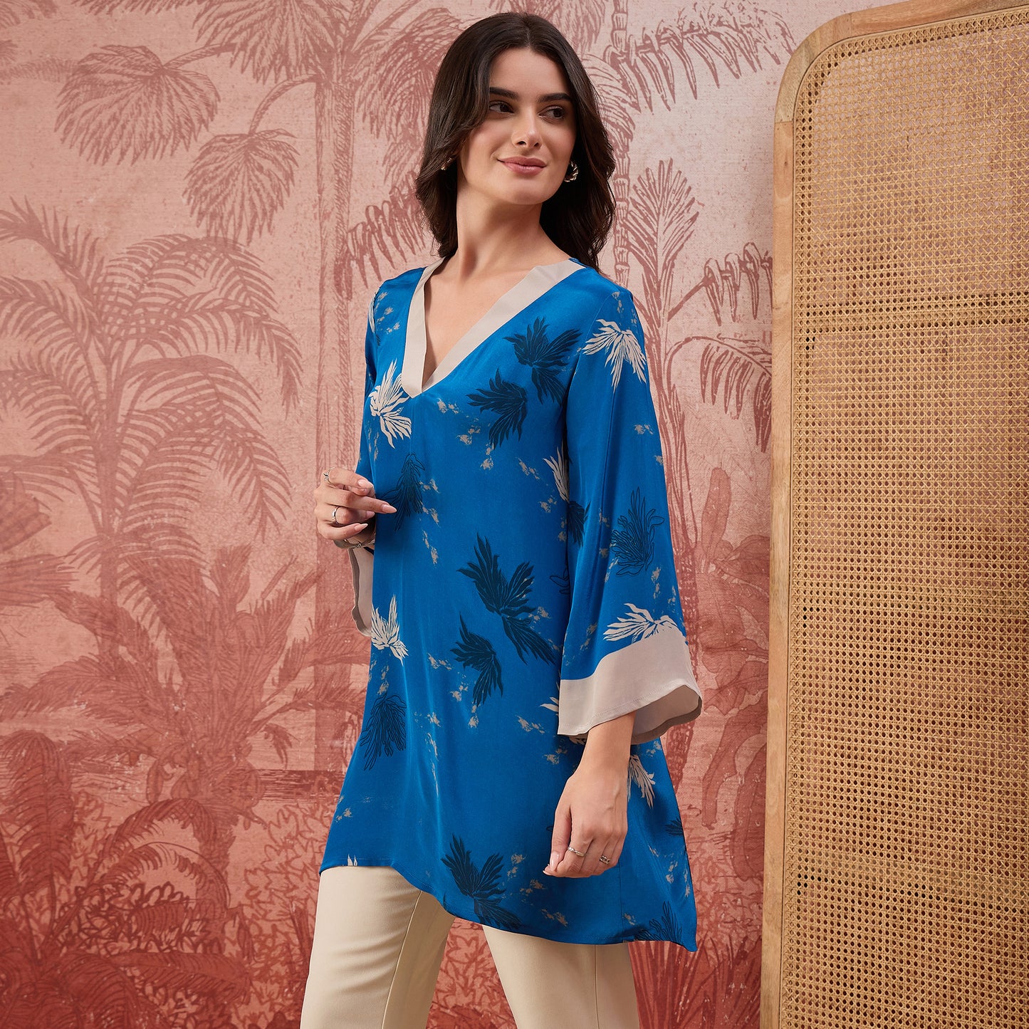 Blue Marine Printed Crystal Embellished Top