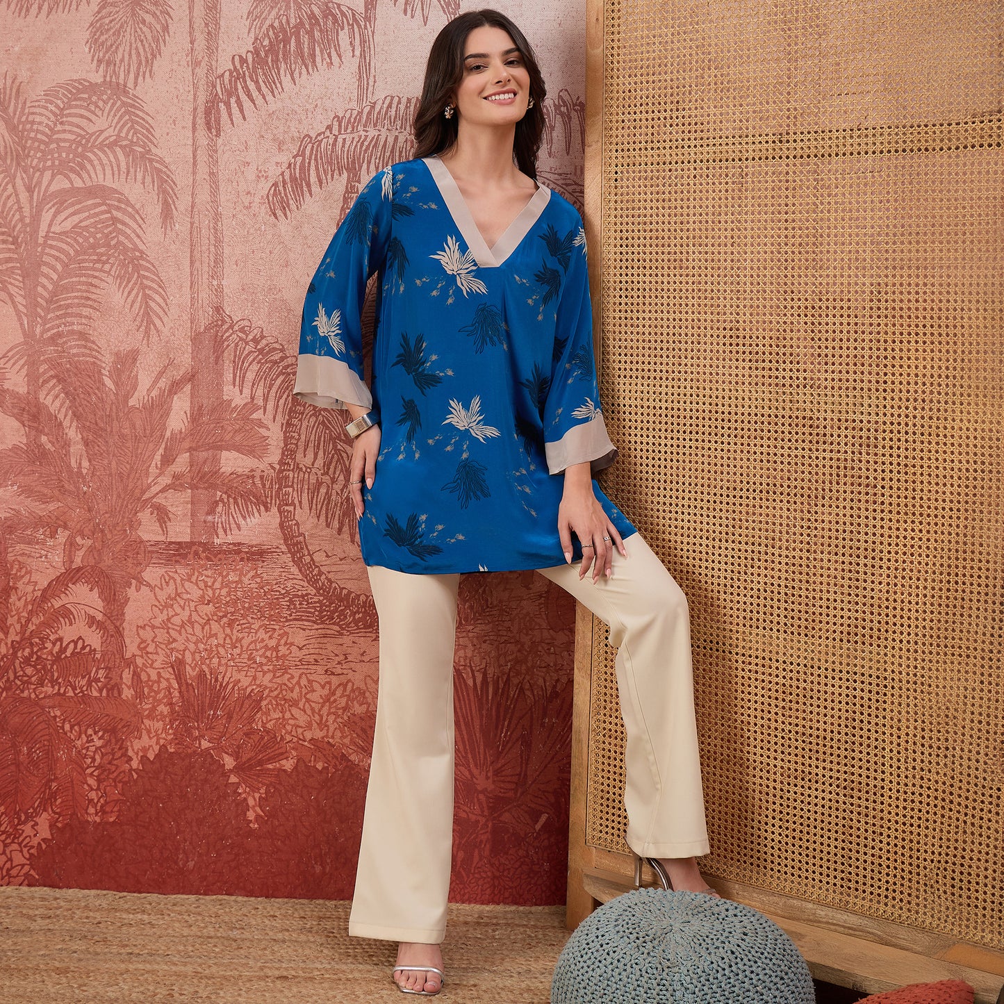 Blue Marine Printed Crystal Embellished Top