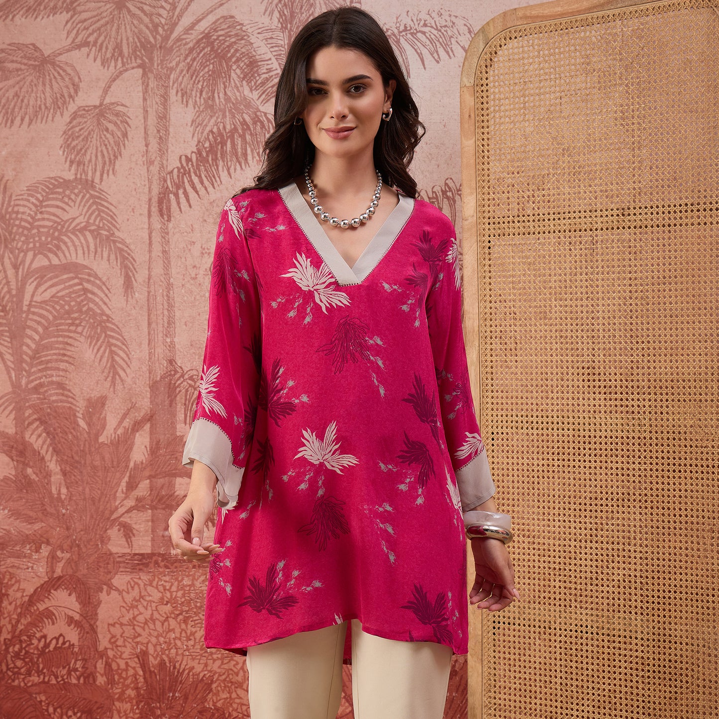 Hot Pink Marine Printed Crystal Embellished Top