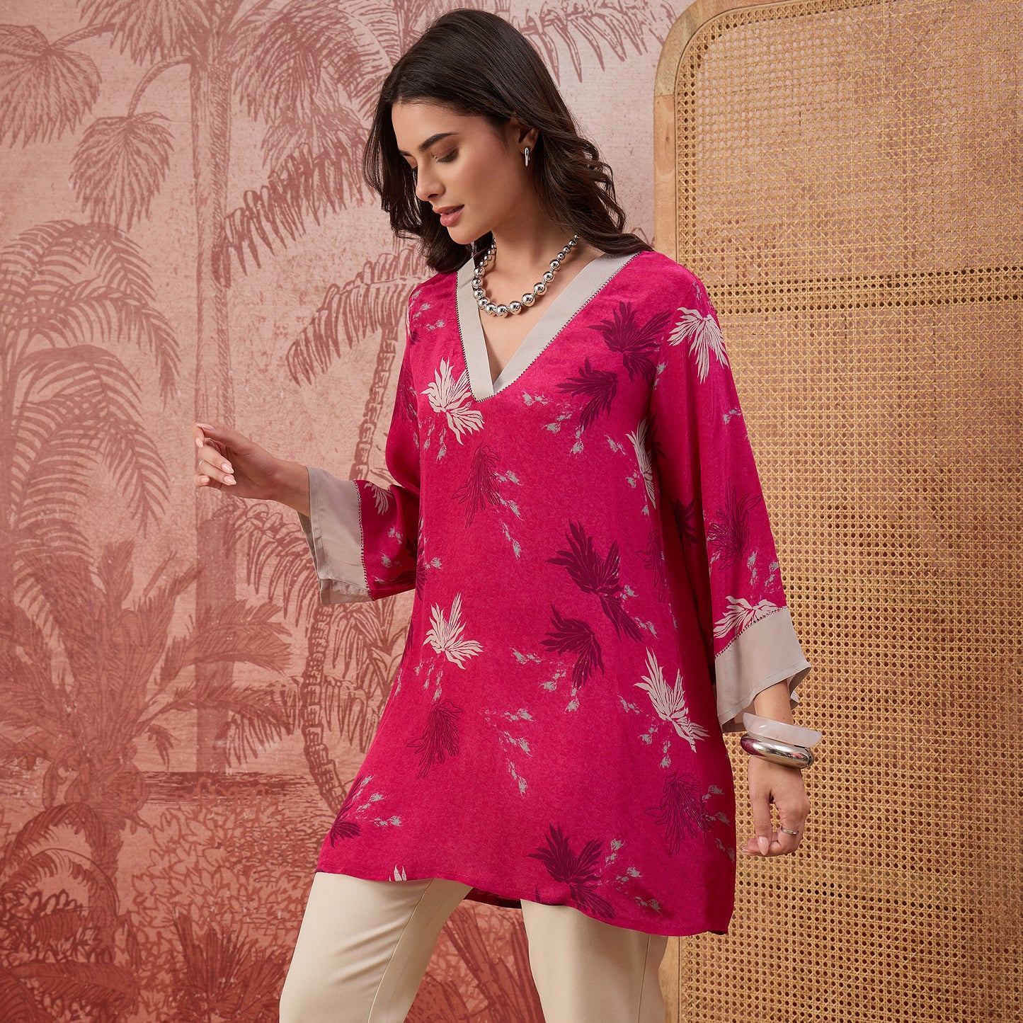 Hot Pink Marine Printed Crystal Embellished Top