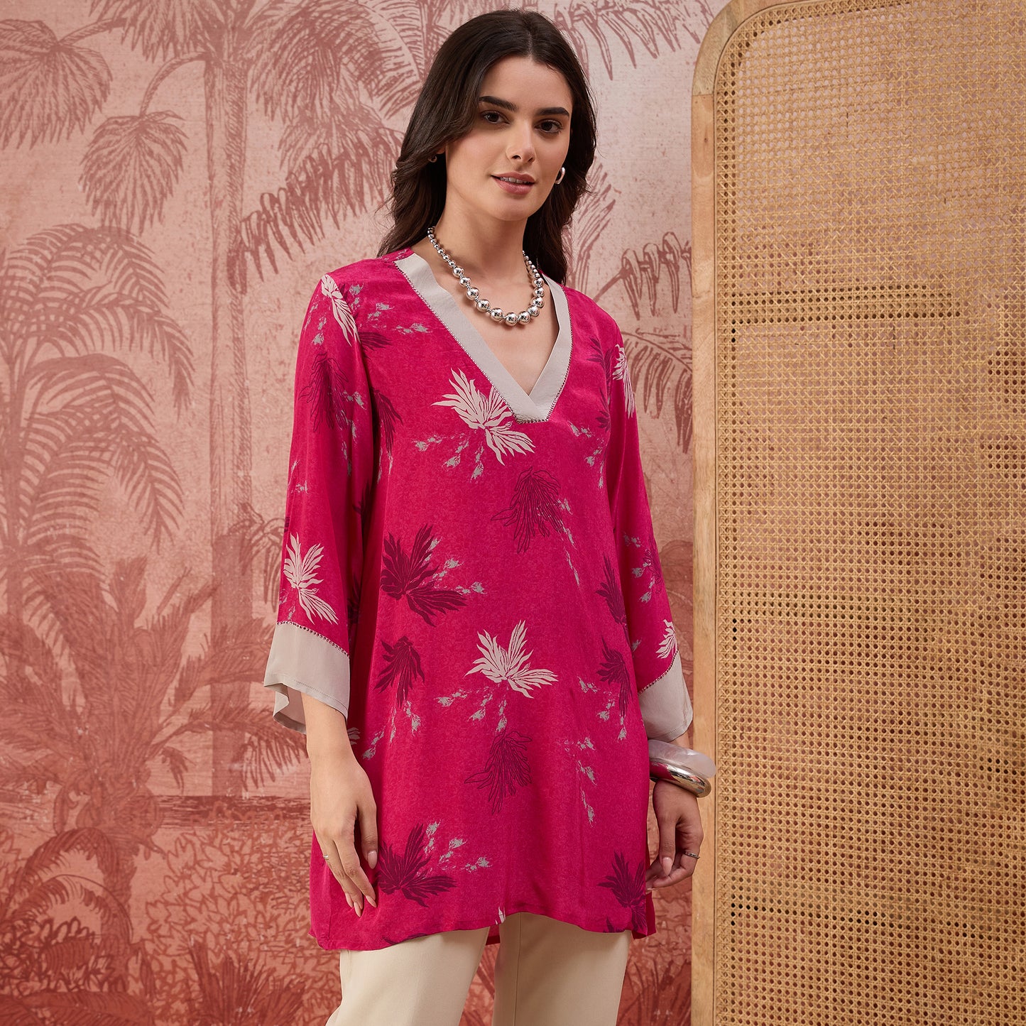 Hot Pink Marine Printed Crystal Embellished Top