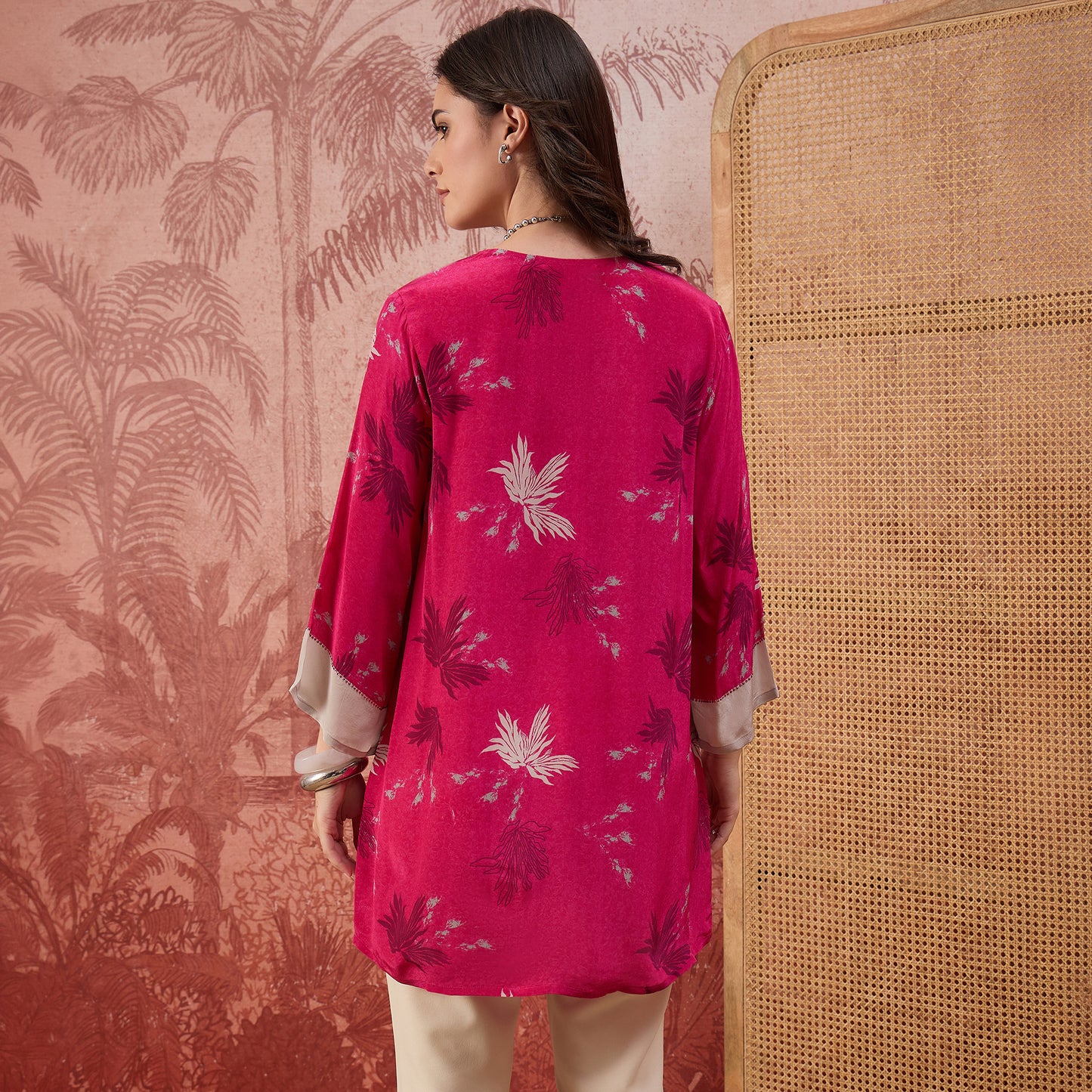Hot Pink Marine Printed Crystal Embellished Top