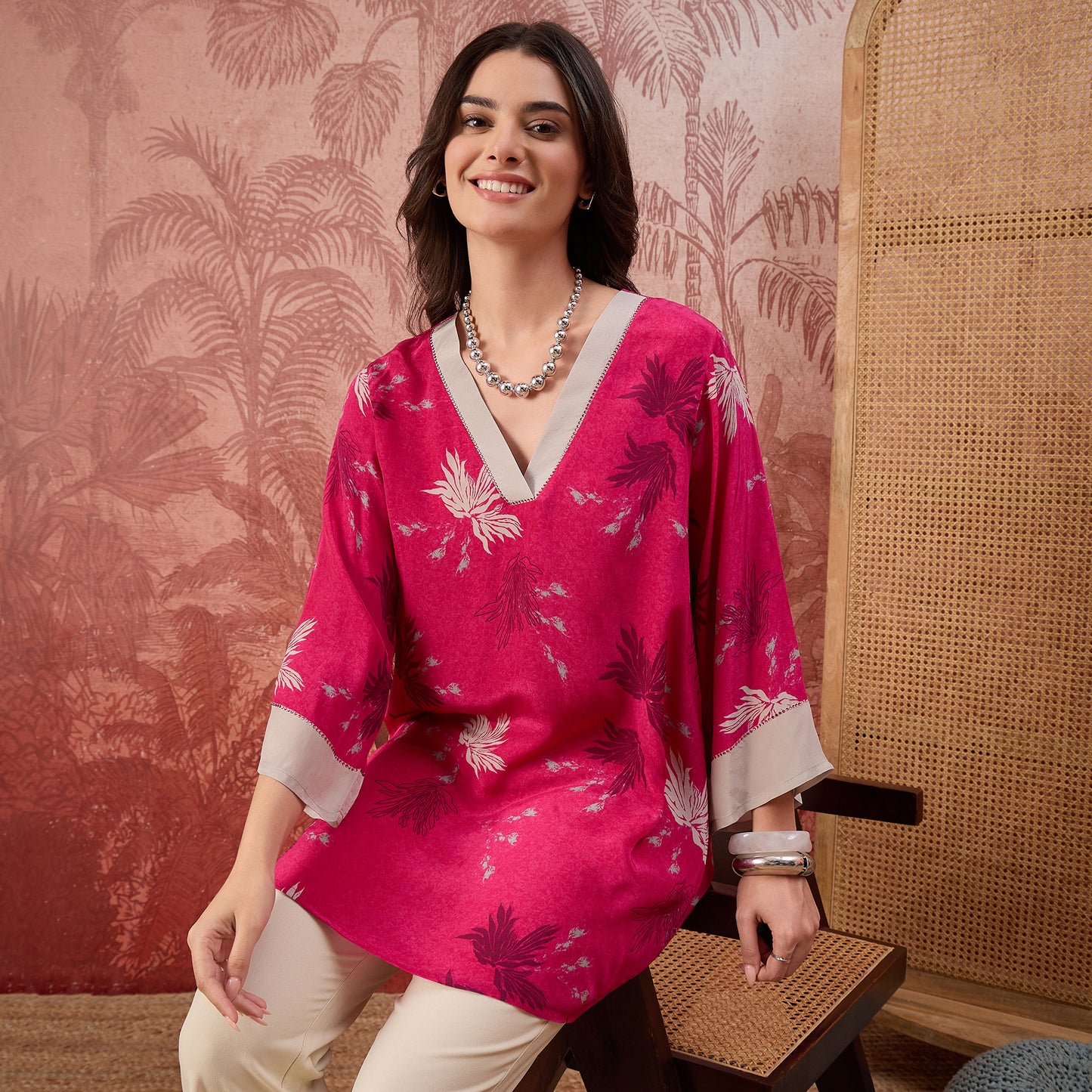 Hot Pink Marine Printed Crystal Embellished Top